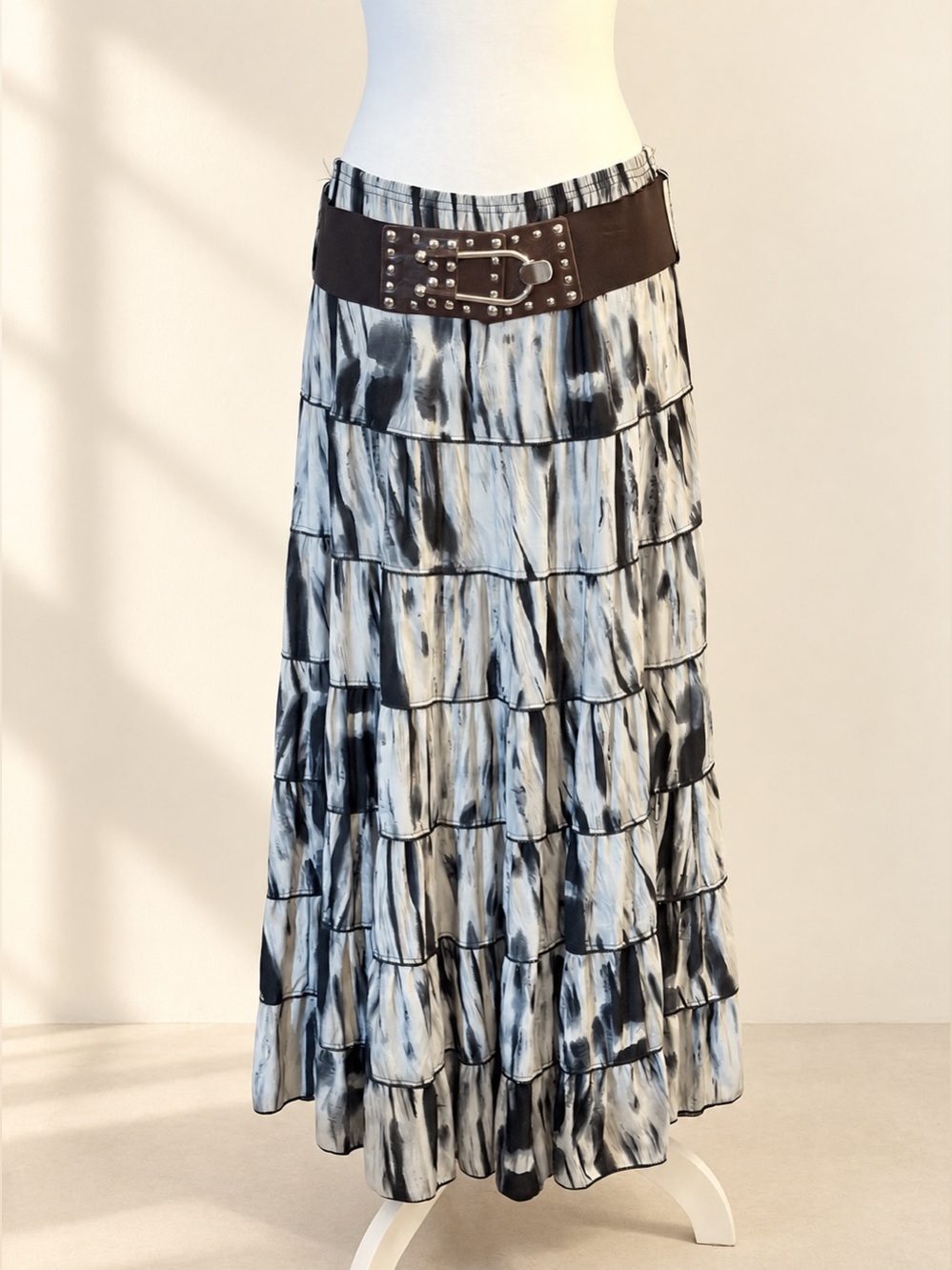 Metro Wear Blue Black Abstract Tiered Maxi Skirt With Studded Belt Size L